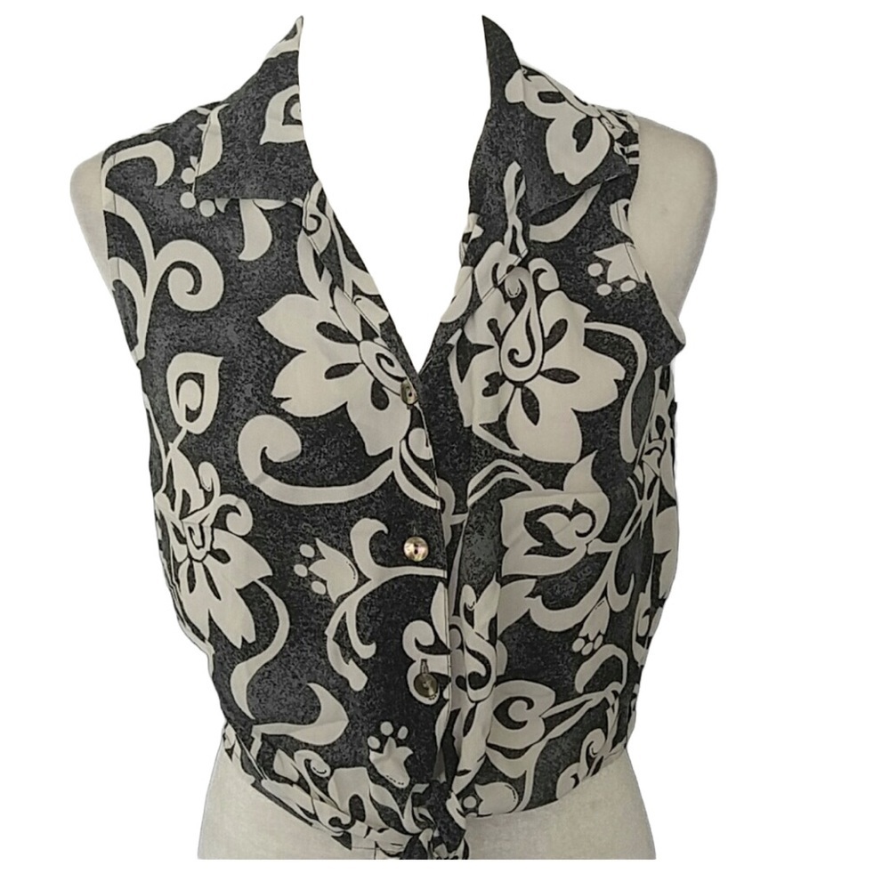 Sleeveless Black & White Floral Tie-Front Top